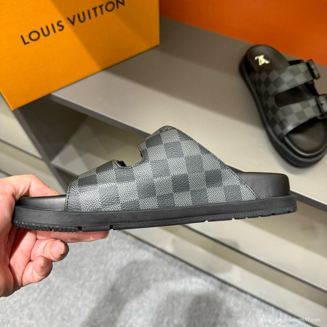 2024 Slippers Louis Vuitton Grey Black Leather Slippers