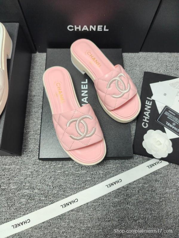 2025 Women Chanel Pink Leather Slippers