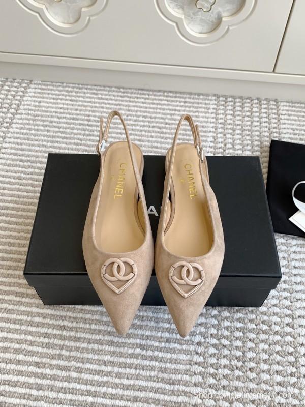 2025 Women Chanel Beige Suede Slingback Heart Logo KFY00300