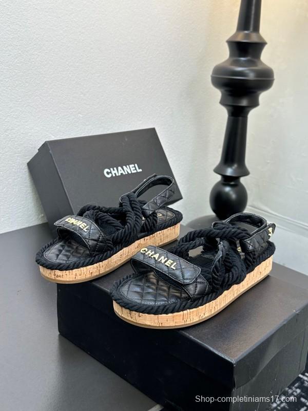 2025 Slippers Chanel Black Rope Leather Sandal LY00260