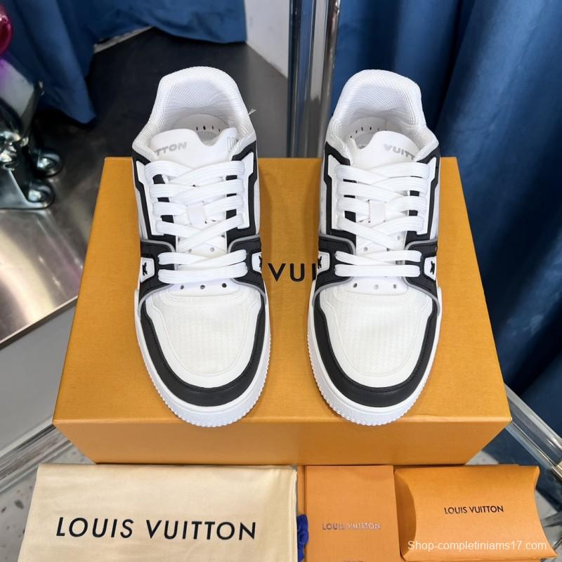 2025 Unisex Louis Vuitton White Black Calf Leather Sneakers LV Trainer