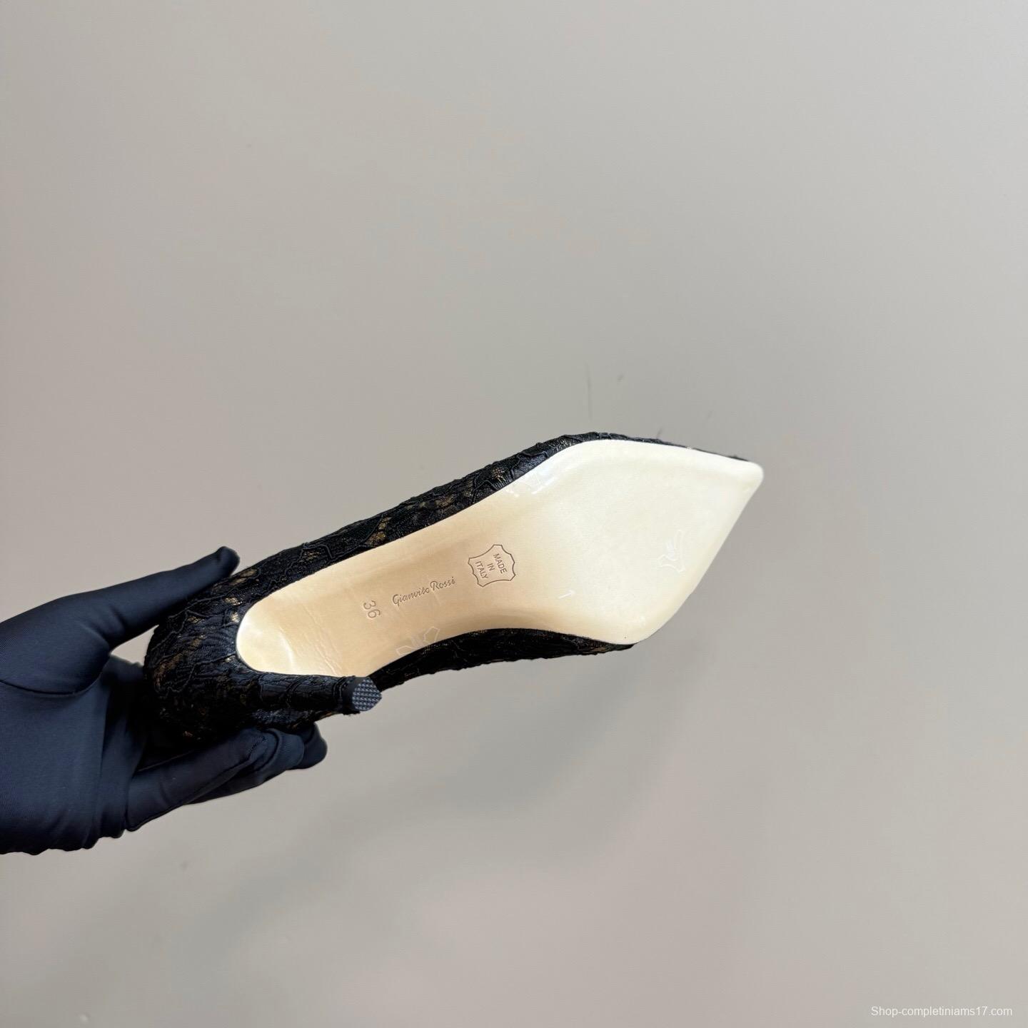 2025 Women Gianvito Rossi Black Lace Leather High Heel KFY00280