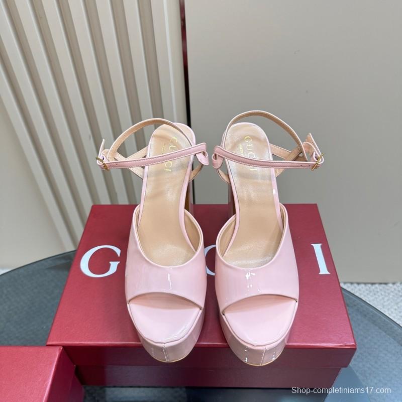 2025 Women Gucci Pink Patent Leather Platform Sandals