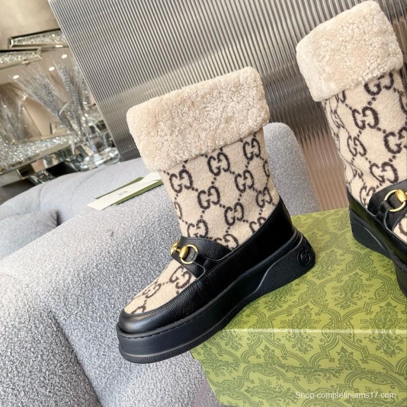 2024 Women Gucci beige black leather shearling snow boots MJ00420