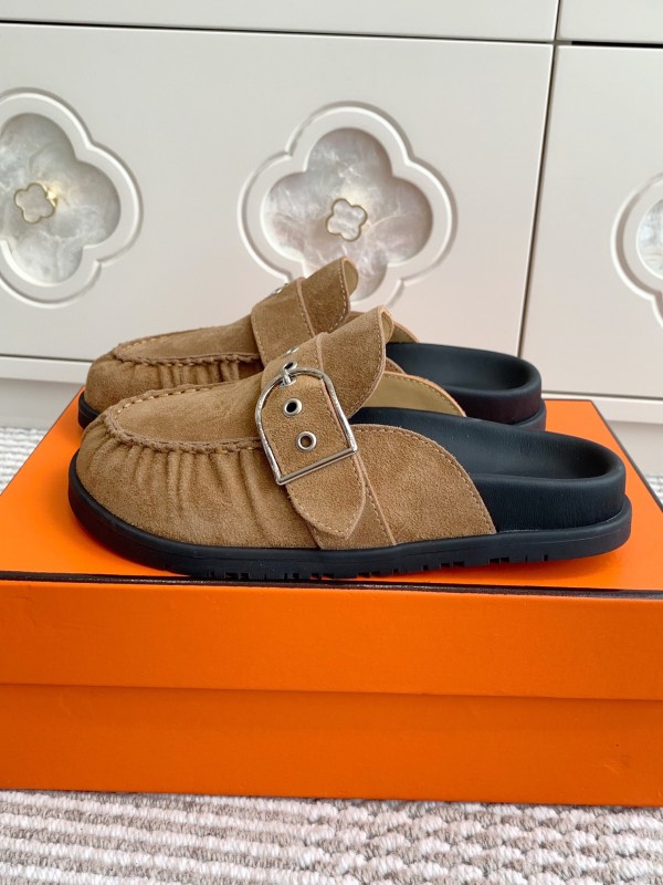 2025 Women Hermès Deep Brown Suede Mule Buckle KFY00290