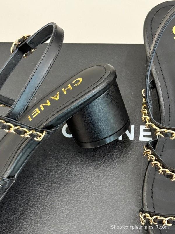 2025 Women Chanel Black Leather Sandals Chain KFY00270