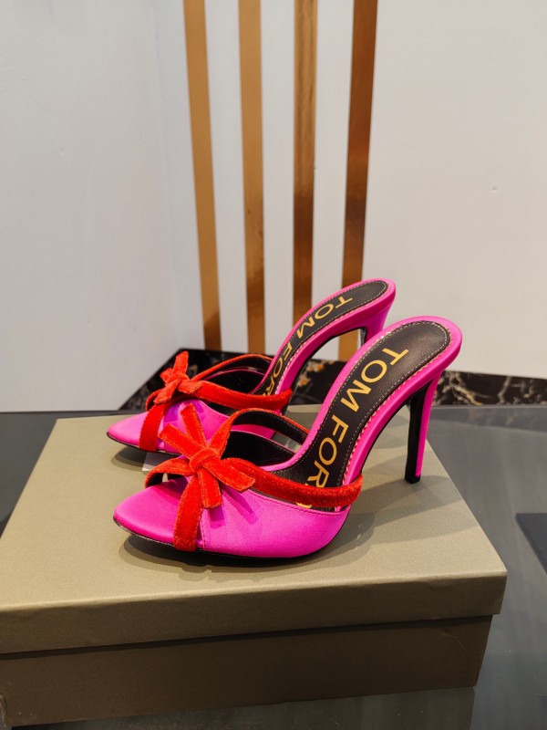 2025 Women TOM FORD Pink Red Silk Velvet High Heel Mules KFY00290