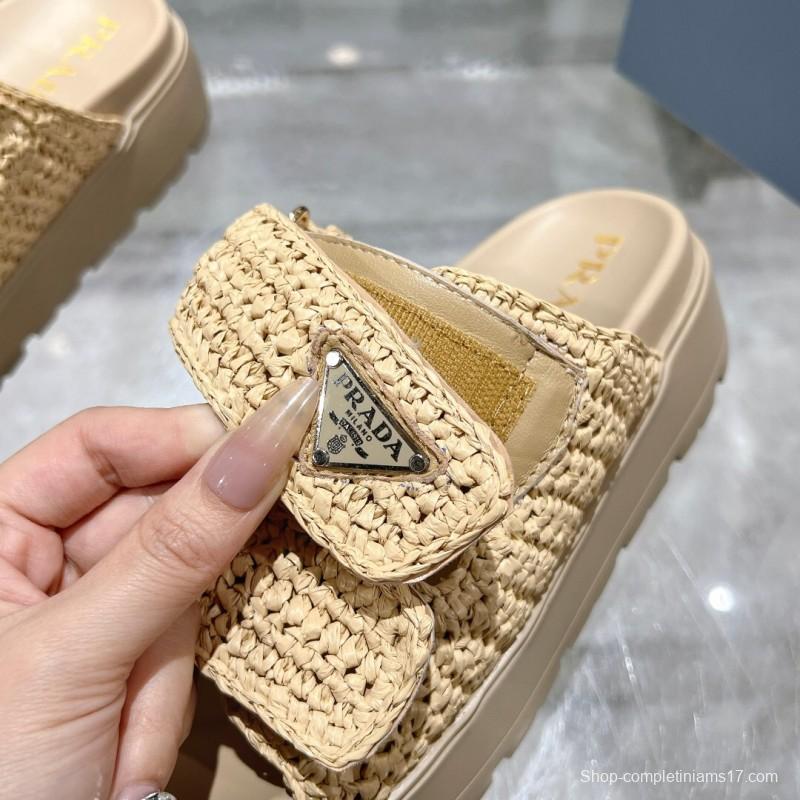 2025 Women Prada Beige Woven Leather Slippers LY