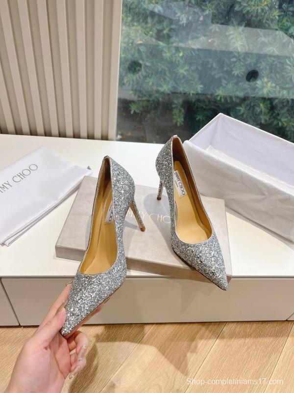 2025 Women Jimmy Choo Silver Glitter Leather Pointed Toe Pumps