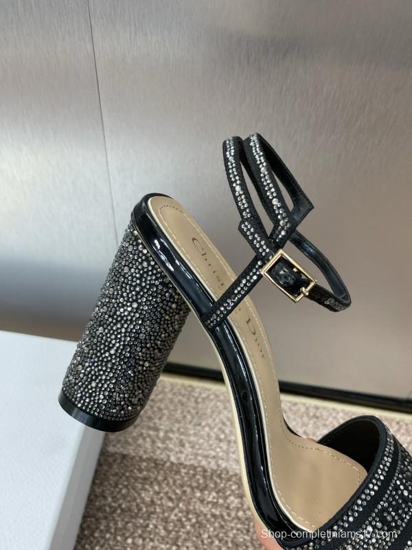 2025 Women Dior Black Patent Leather Crystal High Heel Sandals KFY00320