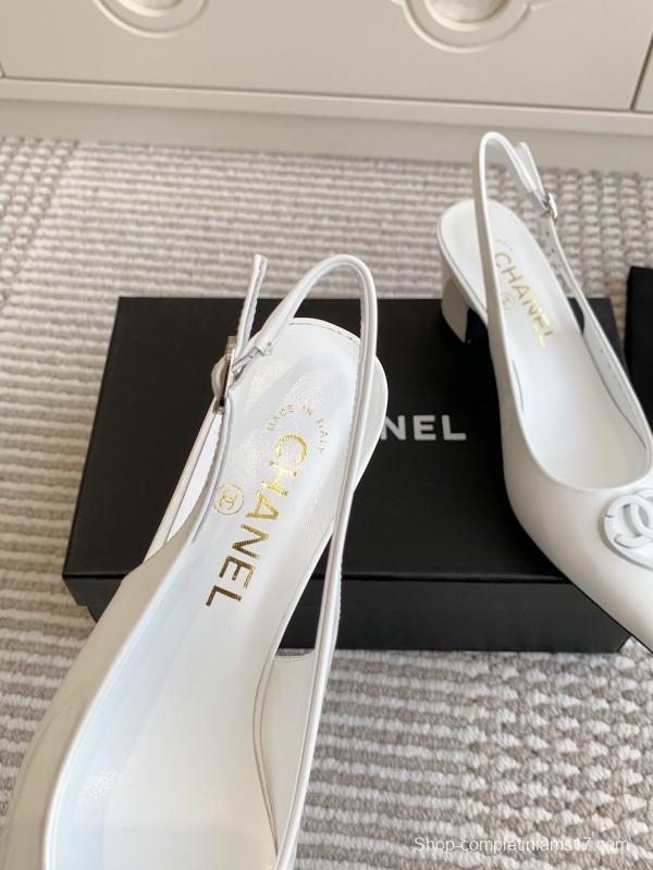 2025 Women Chanel White Patent Leather Slingback Heart CC KFY00300