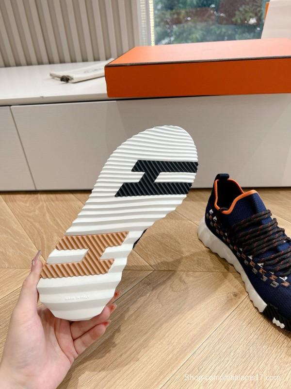 2024 Unisex Hermès Navy Orange Knit Leather Sneakers
