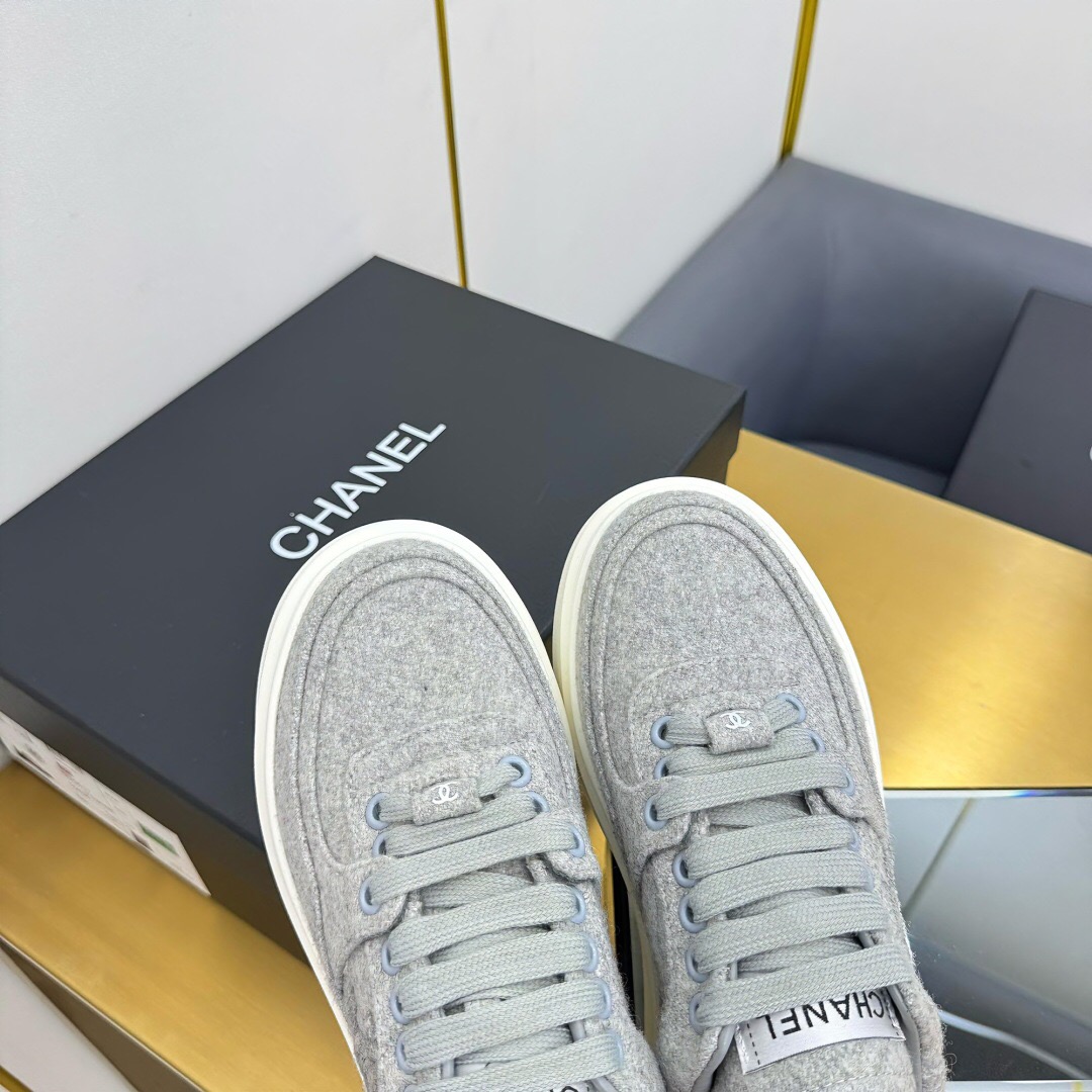 2025 Women Chanel Grey Wool Platform Sneakers