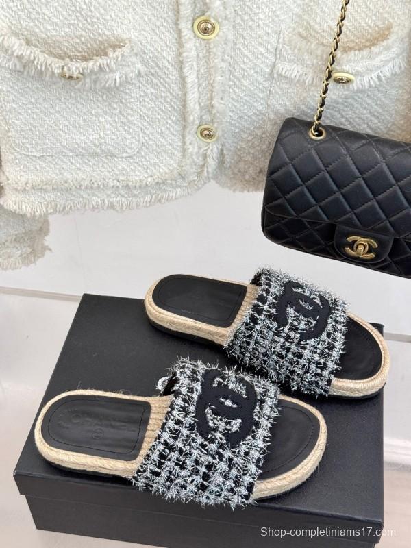 2025 Slippers Chanel Black White Tweed Espadrille Handcrafted KFY00230