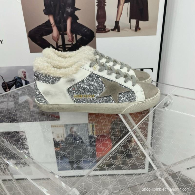 2025 Women GGDB White Silver Suede Leather Glitter Star Sneakers
