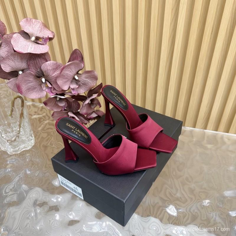 2025 Women Yves Saint Laurent Burgundy Satin High Heel Mules