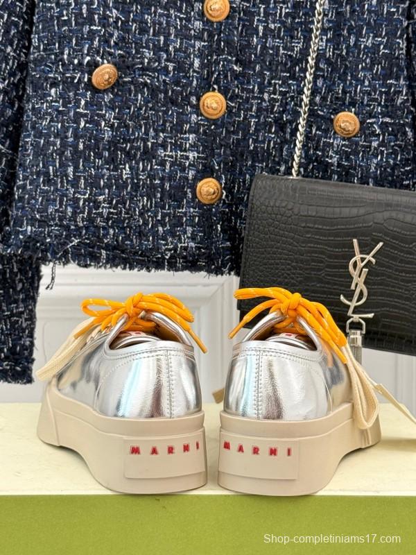 2025 Women Marni Silver Leather Thick Sole Retro Style Platform Sneakers LY00360(F)