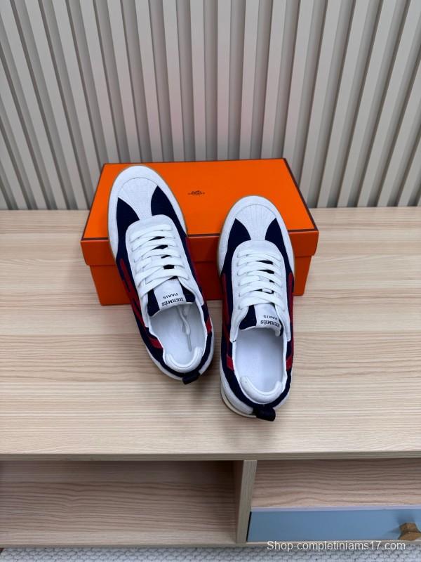 2025 Unisex Hermès White Navy Red Suede Down Fabric Sneakers Top Version LY00310
