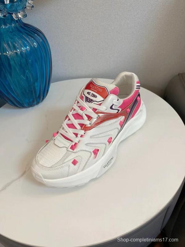 2024 Unisex Valentino White Pink Mesh Leather Sneakers MJ00410