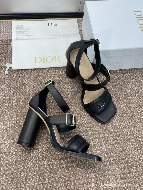 2025 Women Dior Black Leather High Heel Sandals KFY00310