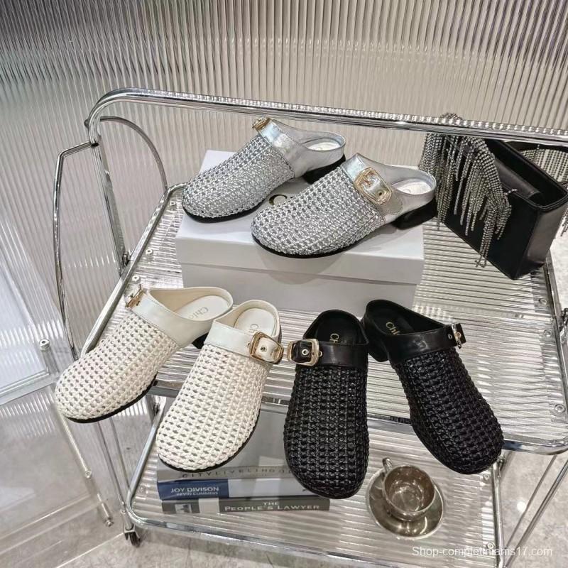 2025 Women Chloé Silver Leather Woven Slippers