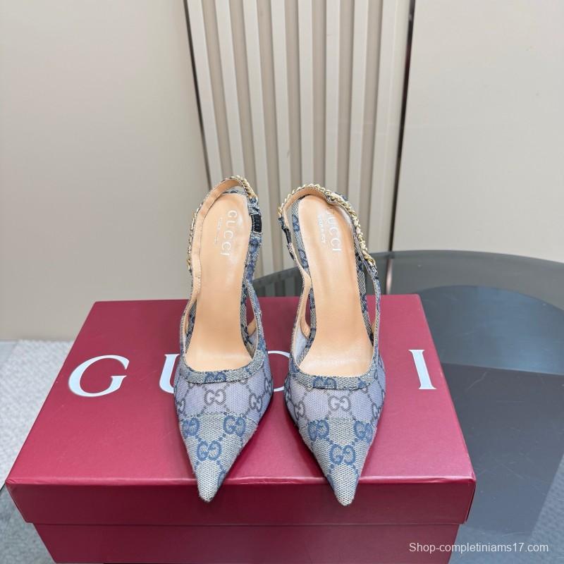 2025 Women Gucci White Mesh Slingback Heels With Crystal Chain Detailing KFY00300(F)