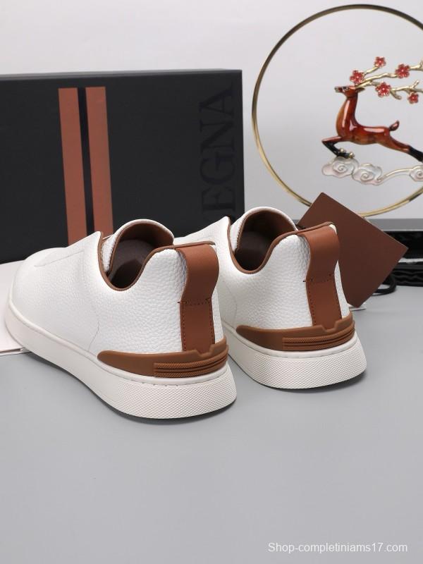 2024 Men Ermenegildo Zegna White Brown Leather Sneakers MJ00240
