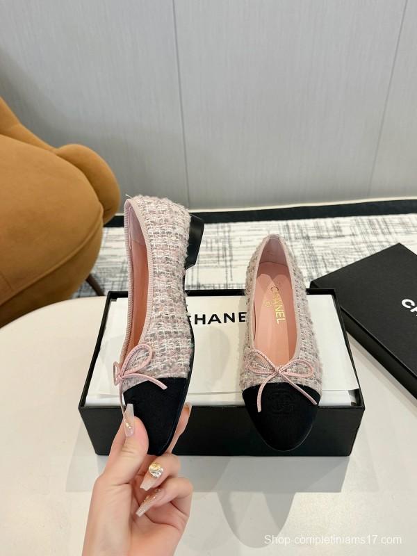 2025 Women Chanel Pink Black Sheepskin Tweed Ballet Flat LY00250