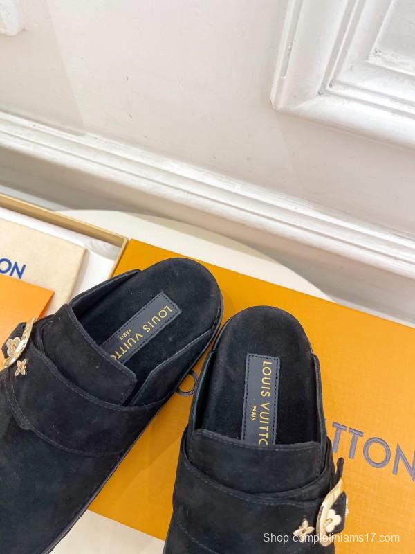 2025 Women Louis Vuitton Black Suede Mule Slip-On KFY00300