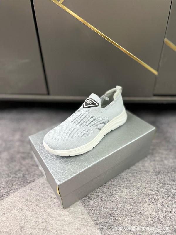 2024 Unisex Prada Light Grey Breathable Flyknit Sneakers MJ00230
