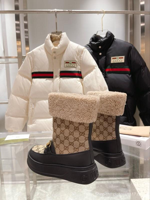 2024 Women Gucci Beige Brown Leather Snow Boots Horsebit MJ00420