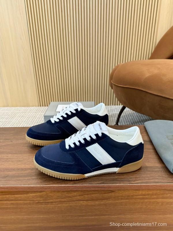 2025 Men TOM FORD Navy White Suede Leather Sneakers LY00360