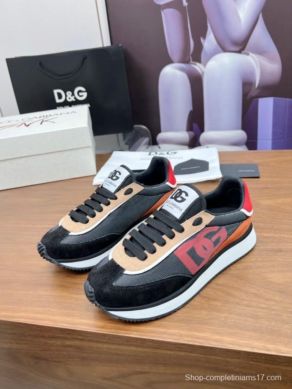 2025 Unisex Dolce & Gabbana Black Brown Red PU Leather Mesh Casual Sneakers LY00300
