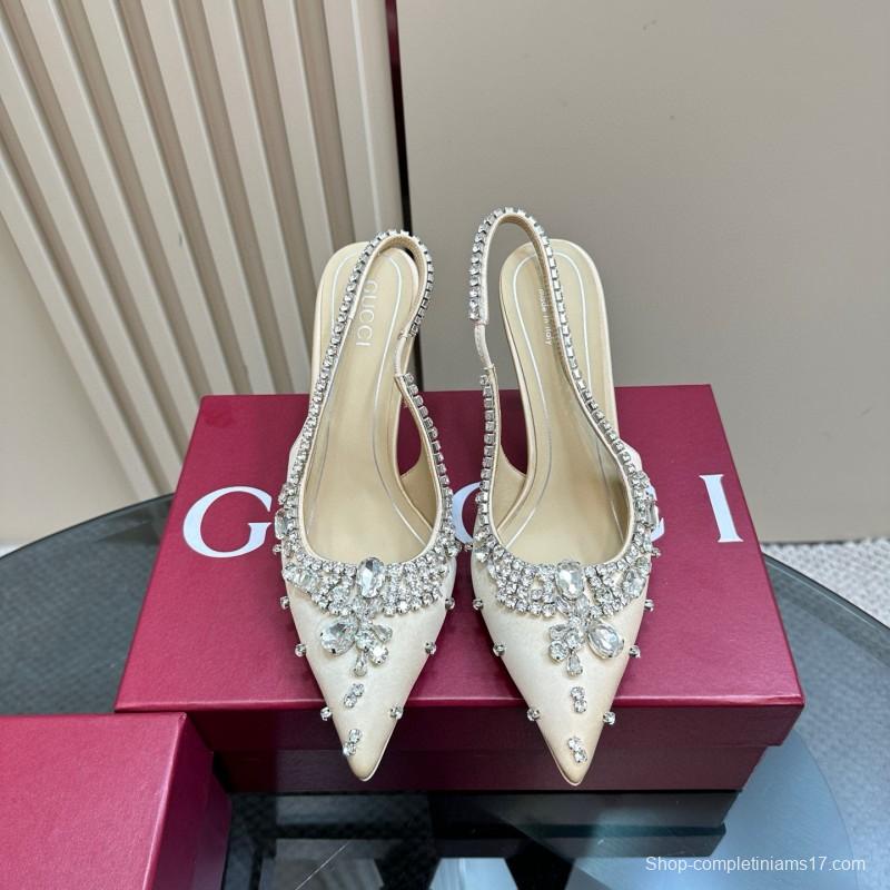 2025 Women Gucci Beige Silk Crystal Embellished Slingback Heels MJ00340