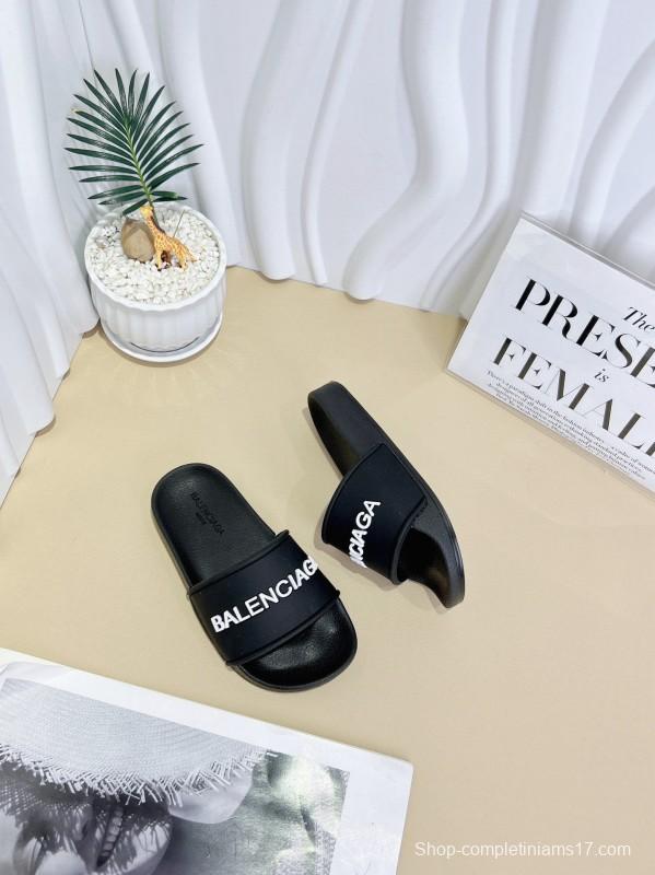 2025 Kids BALENCIAGA Black Leather Slippers