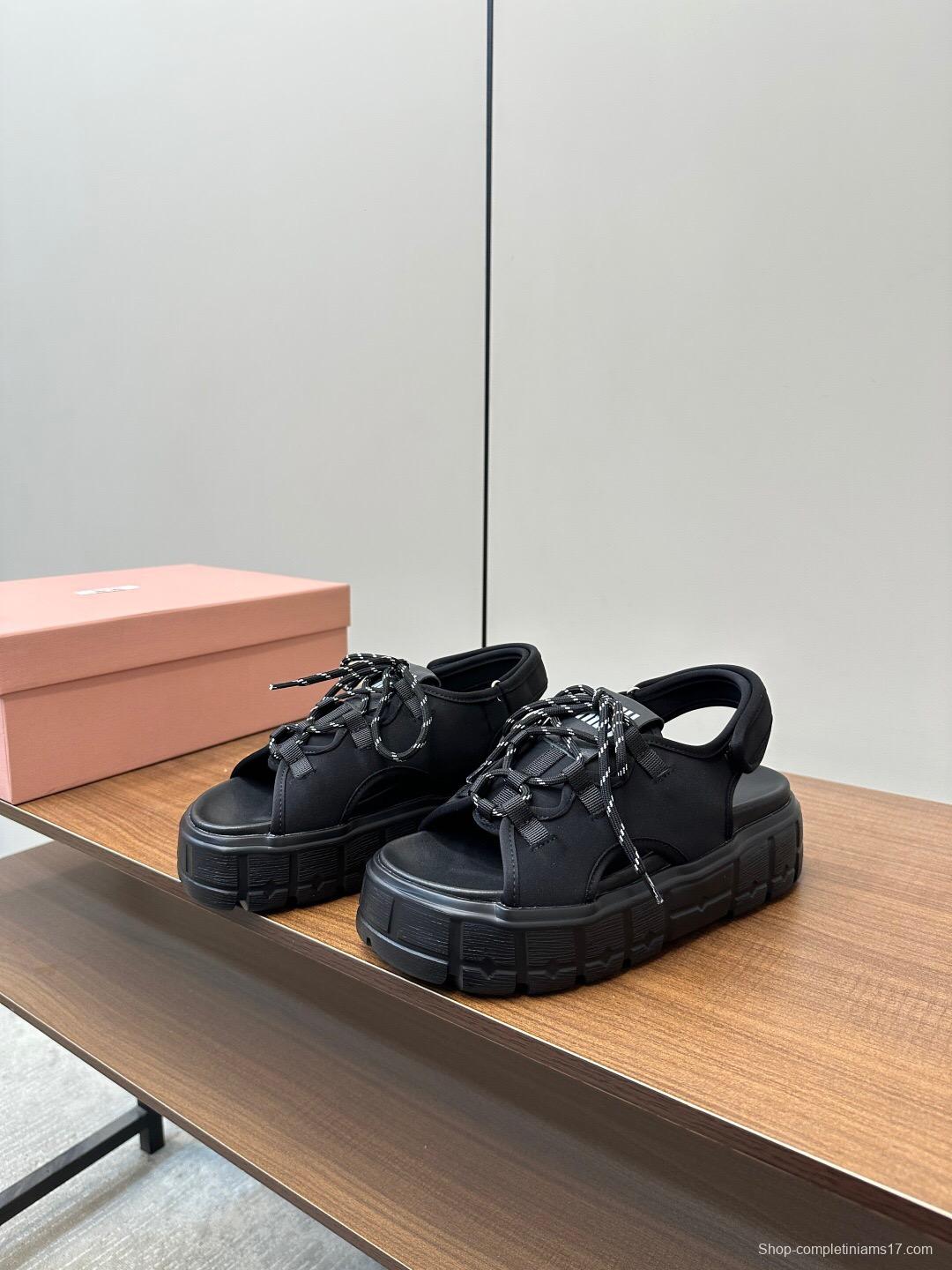 2025 Women Miu Miu Black Leather Sandals LY00240