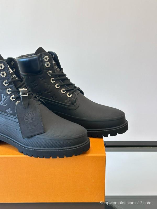 2024 Men Louis Vuitton Black Leather Monogram Work Boots MJ00390