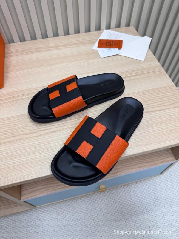 2025 Slippers Hermès Orange Black Leather Slippers