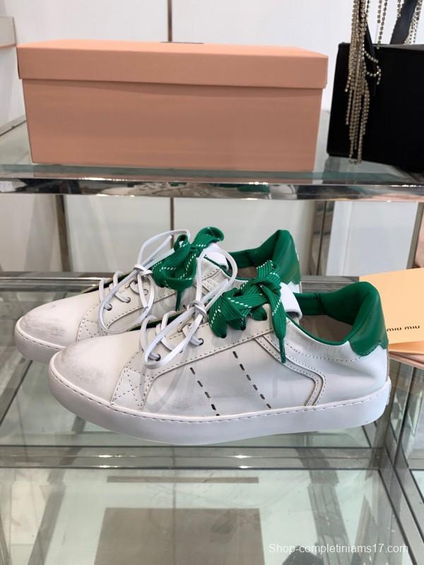 2025 Women Miu Miu White Green Leather Sneakers LY00290
