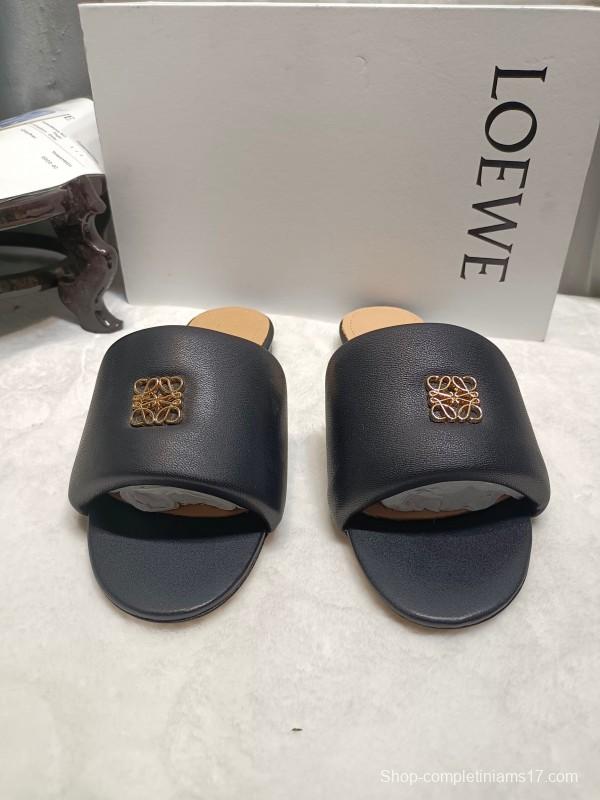 2025 Women Loewe Black Leather Slippers LY00000