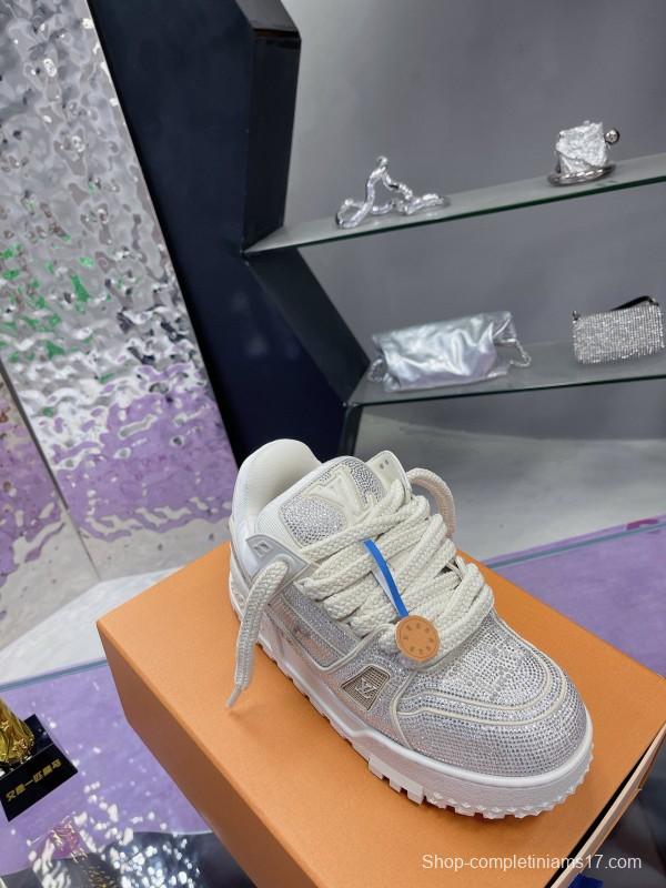 2024 Unisex Louis Vuitton White Silver Leather Trainers Crystal Embellished MJ00430