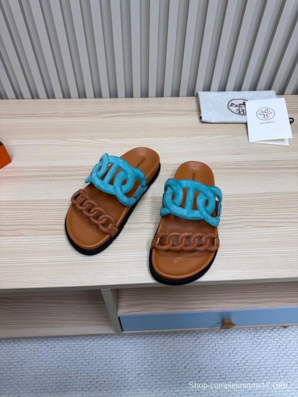 2025 Slippers Hermès Blue Brown Leather Slippers