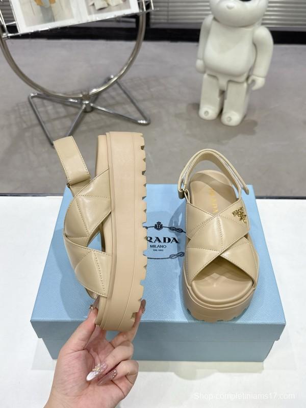 2025 Women Prada Beige Calfskin Sandals KFY00280