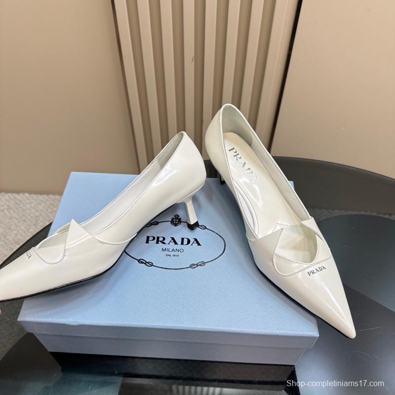 2025 Women Prada White Leather Pointed Toe Kitten Heel Pumps KFY00310