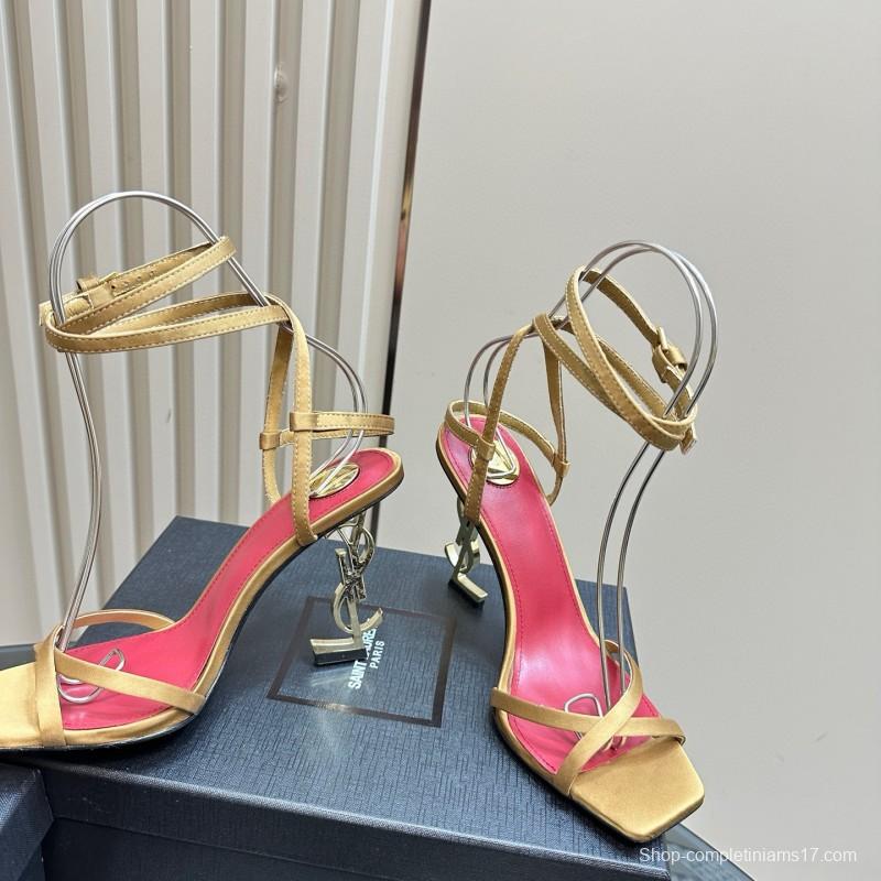 2025 Women Yves Saint Laurent Yellow Silk Strappy Heels