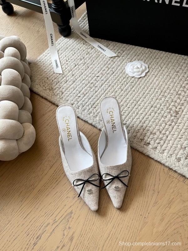 2025 Women Chanel Beige Fabric Pointed Toe Mules KFY00290