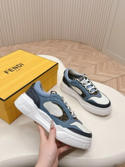 2025 Unisex Fendi Blue White Black Leather Mesh Plimsolls Embossed Badge