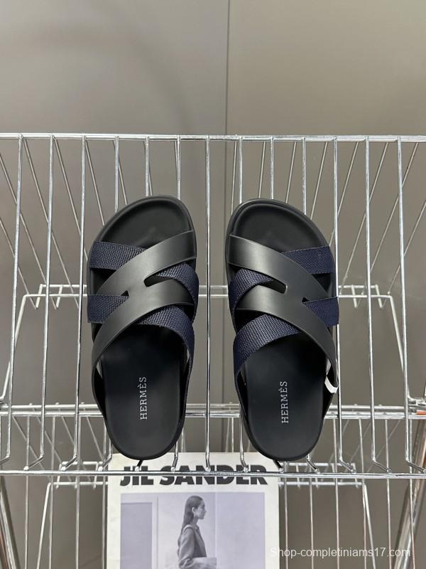 2025 Unisex Hermès Black Leather Fabric Slippers