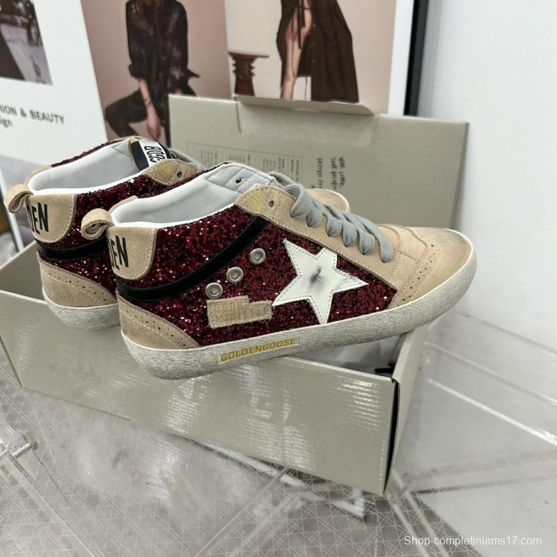 2024 Unisex GGDB Burgundy Beige Glitter Leather High Top Sneakers MJ00300