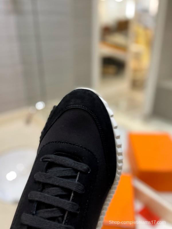 2024 Unisex Hermès Black Orange Glossy Calfskin Nylon Sneakers MJ00320